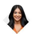 A woman with dark brown straight hair smiling and wearing an orange shirt