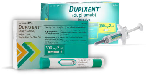 Dupixent® (dupilumab) 300mg pre-filled pen and syringe packaging